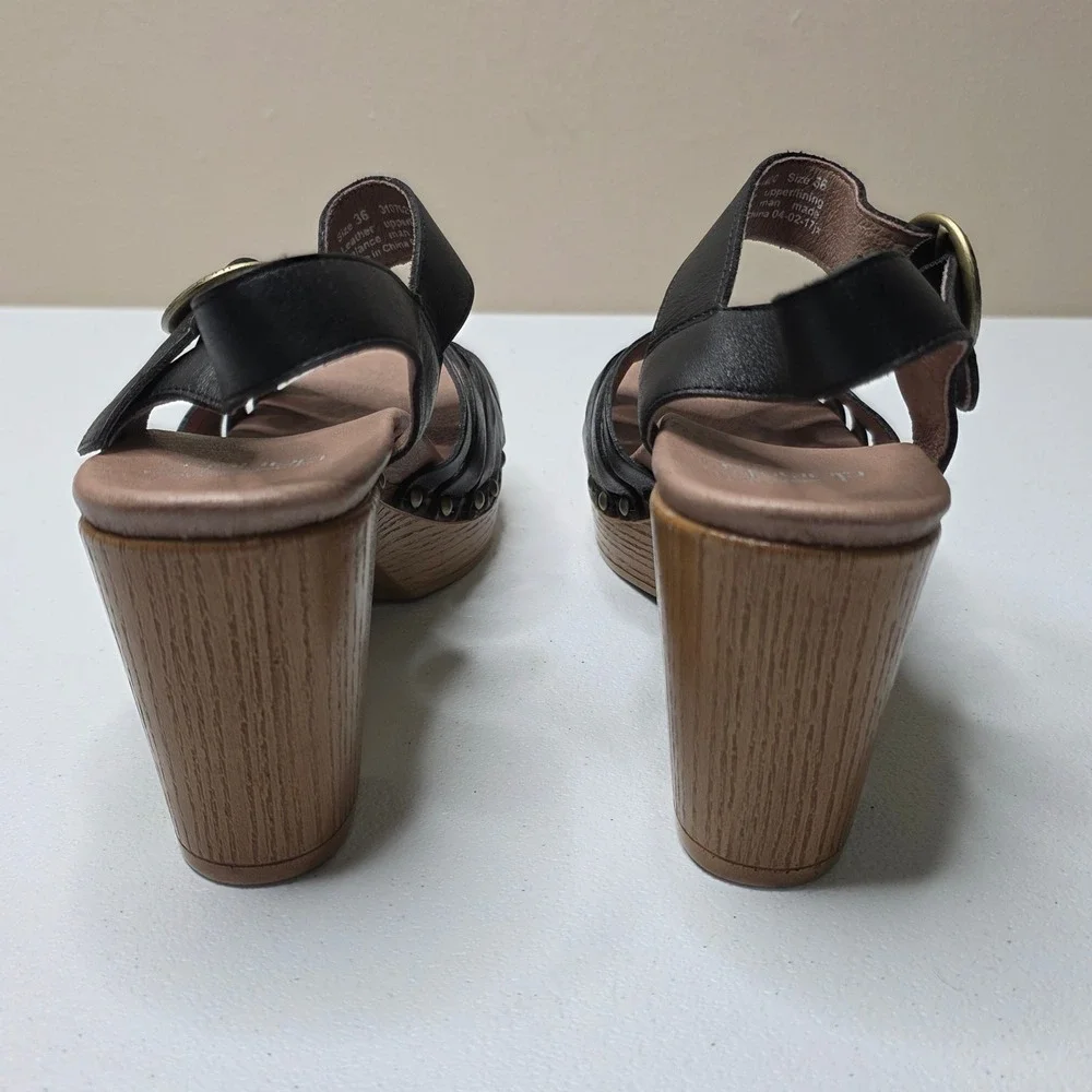Dansko Tiffani Sandals Chunky Heels Womens 36 (5.5/6) Black Leather Retro Festiv